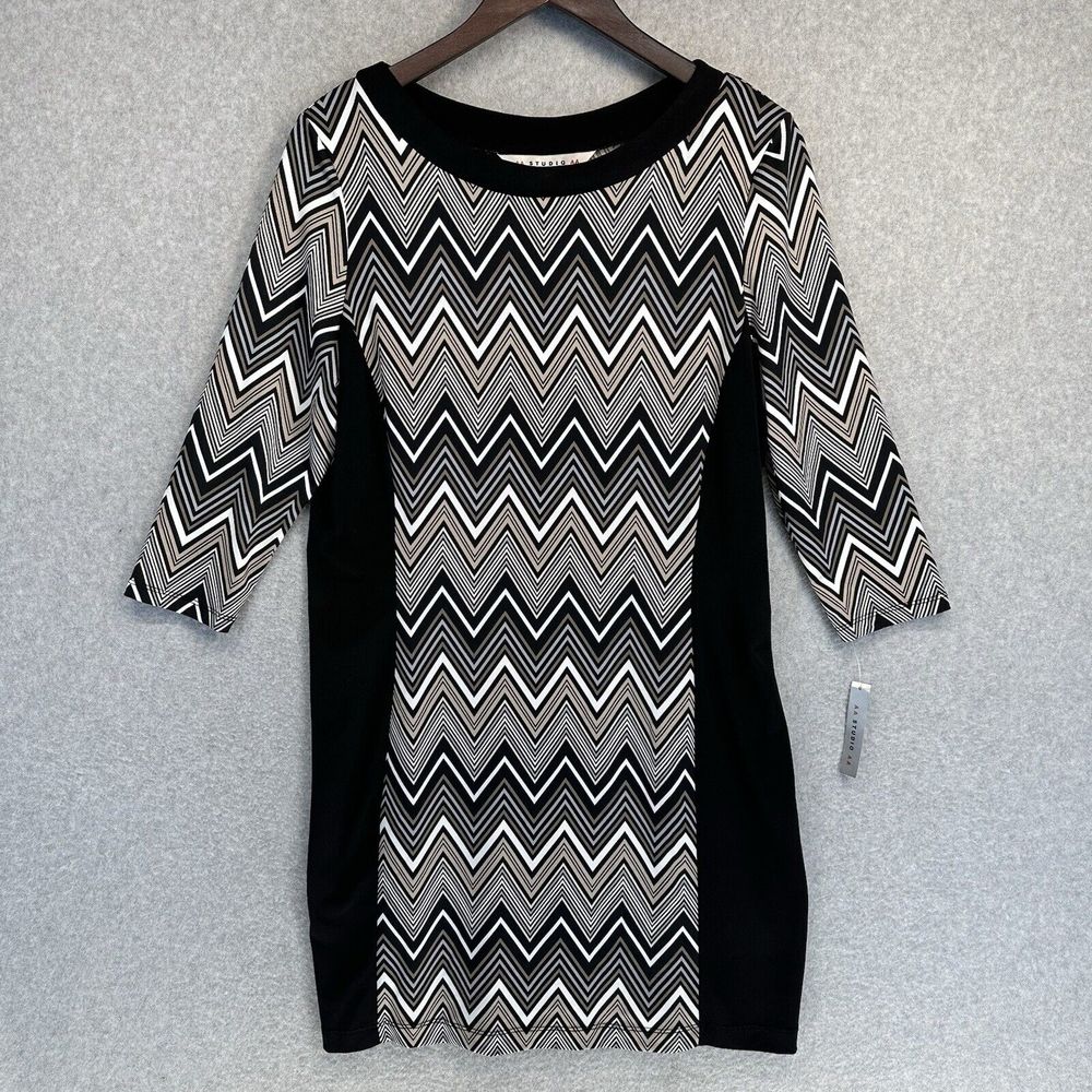 AA Studio AA Womens Shift Dress Size 12 Geometric 3/4 Sleeve Black White New